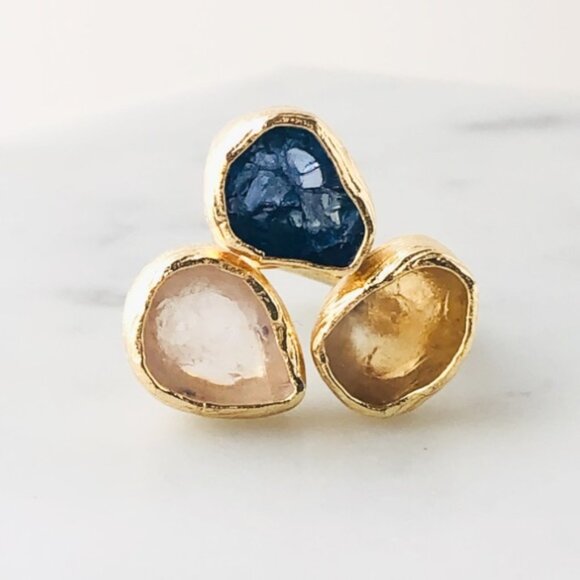 Gold Plated Rose Quartz Citrine Tanzanite Triple Stone Statement Ring - Picture 7 of 11